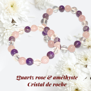 Bracelet 3 pierres Améthyste-Cristal de Roche-Quartz rose  de 8mm