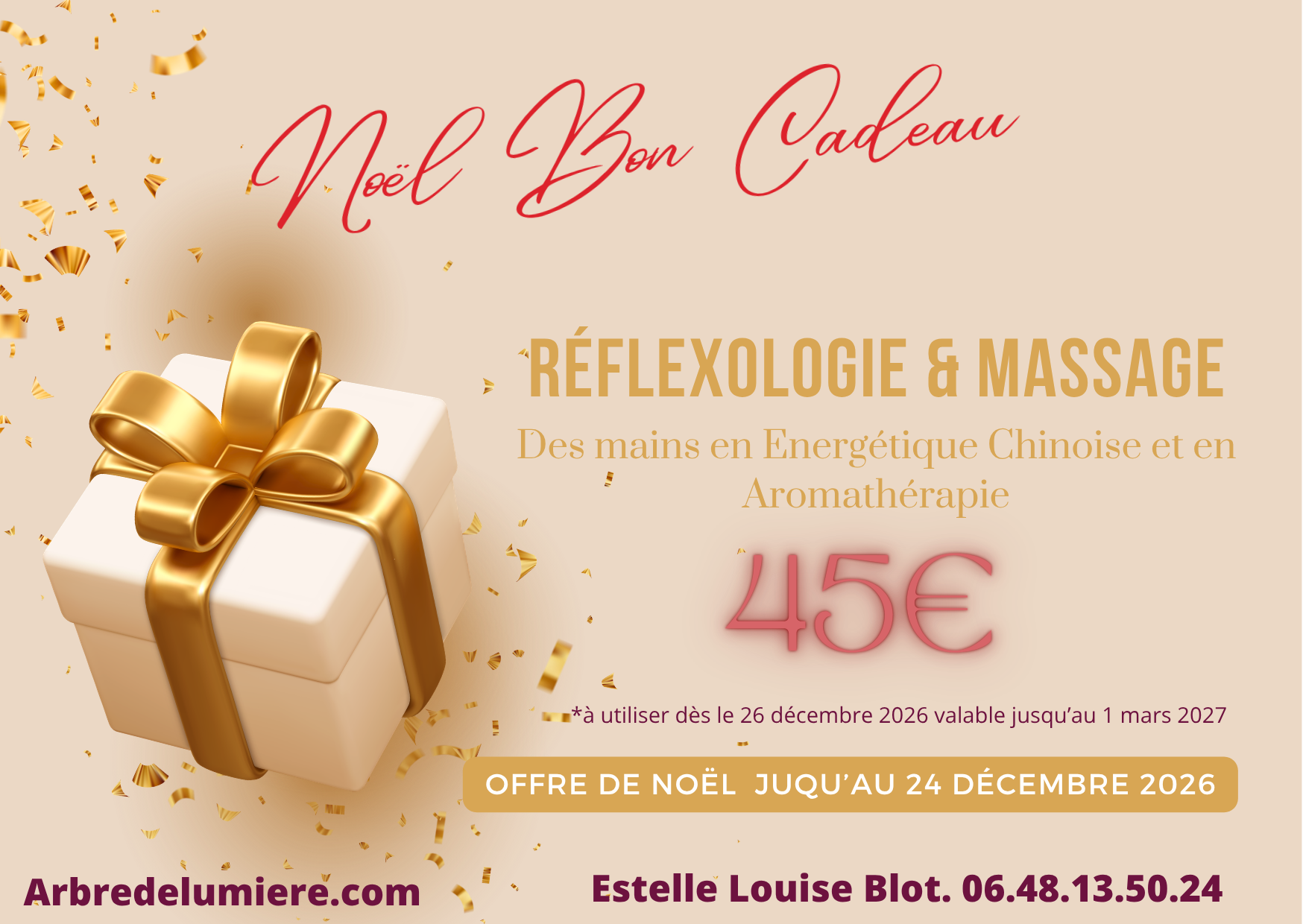 Carte cadeau de Noël réflexologie et massage des mains aux huiles essentielles